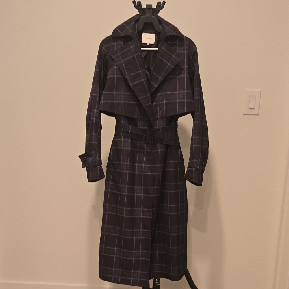 Vince Navy Plaid Trench Coat